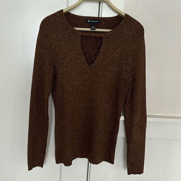 I.N.C International Concepts Brown Bronze Metallic Keyhole Blouse Top Size L - Picture 2 of 9